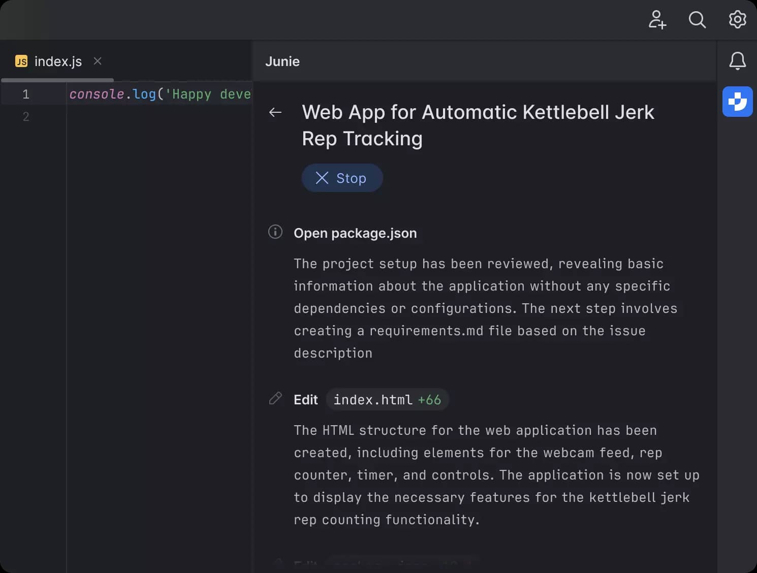 Junie AI Interface - Interactive refinement