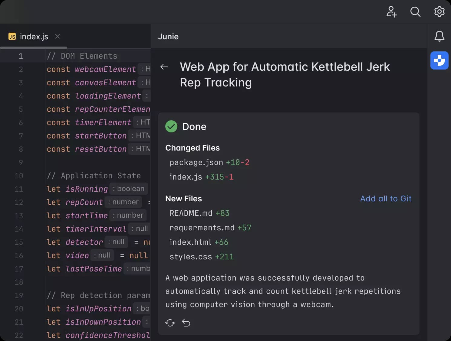 Junie AI Interface - Export and handoff